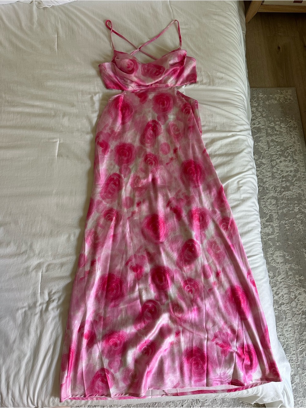 Hello Molly Pink Rose Print Satin Slip Dress with Crisscross Straps